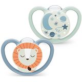 NUK Space Night Fopspeen voor baby's | 0-6 maanden | in het donker lichtgevende fopspeen met extra openingen voor de gevoelige huid | BPA-vrije siliconen | leeuw | 2 stuks