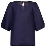 Seidensticker Dames Shirtblouse - Fashion Blouse - Regular Fit - Ronde hals - Korte mouwen - 100% linnen, Donkerblauw, 36