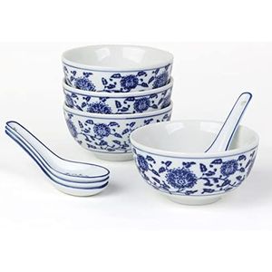 Set van 4 porseleinen rijstschalen met Chinese lepel in kobaldblauw ""Qing Hua Ci