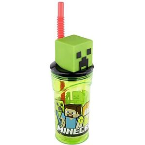 p:os 33198 - drinkbeker voor kinderen met rietje en deksel, doorzichtig, incl. 3D-figuur in Minecraft design, ca. 360 ml, plastic beker to-go, BPA en ftalaatvrij,groen/zwart