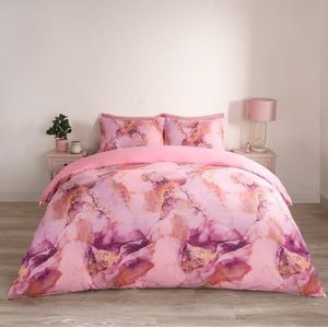 OHS Dekbedovertrek eenpersoonsbed, decoratieve dekbedovertrek omkeerbaar marmer beddengoed eenpersoonsbed set met kussensloop super zachte slaapkamer luxe hoezen, roze en wit