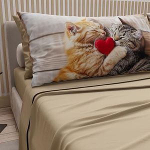 PETTI Artigiani Italiani - Beddengoed dieren met katten van katoen met kussenslopen in digitale print, eenpersoonsbed, beddengoedset voor eenpersoonsbed, taupe, 100% Made in Italy