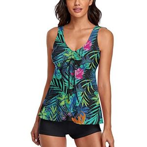Modest Tankini Badpakken voor dames, tweedelig badpak, bloemenprint, tanktop met boyshorts, buikcontrole, zwempakken, Printed-black, S