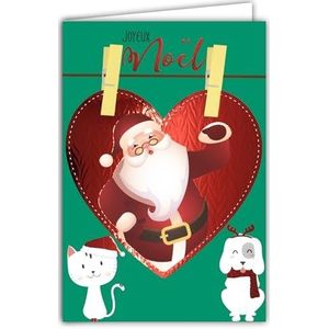 Kerstmankaart, vrolijk kerstfeest, rood, glanzend, met witte envelop, formaat 12 x 17,5 cm, hart, decoratie, kat, hond, dieren, hoed, hoed, beste wensen voor kinderen, salie, gemaakt in Frankrijk
