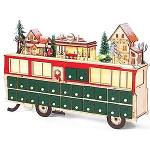 Todeco Adventskalender van hout, 24 laden om te vullen, verlichte adventskalender, busvorm, kerstdecoratie van hout, 43 x 8,5 x 28 cm