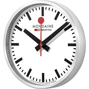 Mondaine Official Swiss Railways WiFi stop2go wandklok 25cm, kwarts smart uurwerk, minimalistisch design, rode secondewijzer, Bluetooth kamertemperatuur weergave