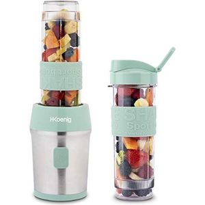 H.Koenig Mini Blender / Smoothie Maker Compact SMOO18, 570 ml, BPA-vrij, 300W, 2 flessen met reisdeksel, 4 roestvrijstalen messen, Pastelgroen