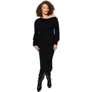 Trendyol FeMan asymmetrische getailleerde gebreide plus size jurk, zwart, XL, Zwart, XL grote maten