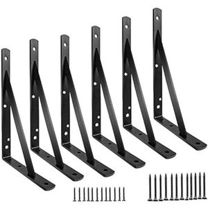 Plankbeugels 30,5 cm, zware zwevende plankbeugel voor open planken, zwart metalen L-beugel hoekmuurbeugels voor planken - 6 stuks met schroeven - meerdere maten beschikbaar