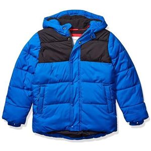 Amazon Essentials Zwaargewicht Pufferjack met capuchon voor peuters jongens, Zwart Kobaltblauw Kleurblok, 11-12 jaar