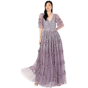 Maya Deluxe Maxi-jurk voor dames, V-hals, pailletten, versierd met ruches voor bruiloft, gast, bruidsmeisje, gala, gelegenheid baljurk, Moody Lila, 42