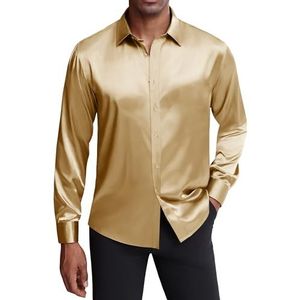 J.VER Satijnzijden herenoverhemd met lange mouwen, glanzend shirt, casual, knopenrij, eindejaarsbal, luxe feesthemd, Goud, L