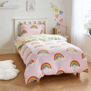 Catherine Lansfield Rainbow Hearts Cosy Fleece Omkeerbaar Eenpersoons Dekbedovertrek Set met Kussensloop Roze