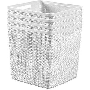 Curver Set van 4 Jute Cube Decoratieve Plastic Organisatie en Opbergmanden Perfecte Bins voor Thuiskantoor, Kastplanken, Keukenvoorraadkast en Alle Slaapkamer Essentials, 17L/18QT, wit, 4-delig