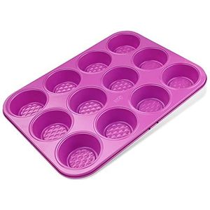 Tasty Muffin Tin met Structuur, Bakplaat voor 12 Muffins, Super Non-Stick Traybake, Gecoate Cake Blik, Brood en Muffin Vorm, Bakvormen, Afmetingen: 35,5 x 27 x 3 cm, Kleur: Helder Roze