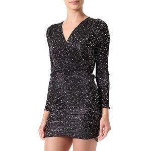 ONLY Onlnelly L/S Shine Wrap Dress Cs JRS wikkeljurk voor dames, Zwart/Aop: star (Frosted Almond), S