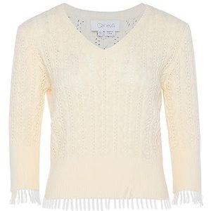 Caneva Dames Slouchy Openwork Fringed Knit V-hals Sweater Wollen Wit Maat M/L, wolwit, M