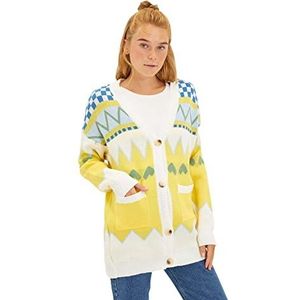 Trendyol Dames Geel Jacquard Knitwear Cardigan Sweater, L