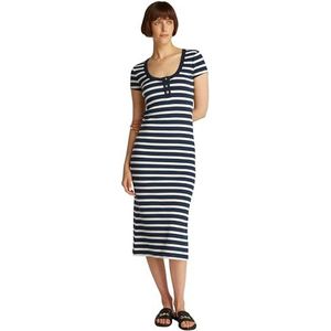 TOMMY HILFIGER Dames Slim Henley Gold BTN Jurk WW0WW43864, Blauw (Donker Nacht Navy/Calico Stp), XS