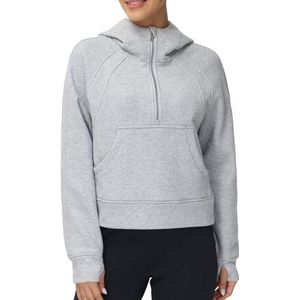 Dames hoodies halve rits lange mouw fleece crop pullover sweatshirts met zakken duimgat, Grijs, M