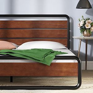 Zinus Soren Bed 90 x 200 cm, hoogte 30 cm, metalen platform, bedframe met hoofdeinde en voeteneinde, bruin