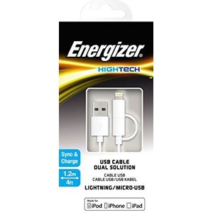 Energizer C11UBDUGWH4 2-in-1 kabel, Lightning/Micro-USB, 2,4 A, 1,2 m, snel opladen en synchroniseren, MFI-compatibel, voor iPhone iPod iPad - wit