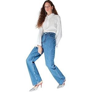 Trendyol Vrouwen Hoge Taille Wijde Been Wijde Been Jeans,Donkerblauw,42, Donkerblauw, 68