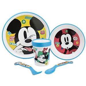 5-delig kinderservies met anti-slip bodem. bord, kom, 260 ml glas en bestek. BPA-vrij | Mickey Mouse FUN-TACSTIC