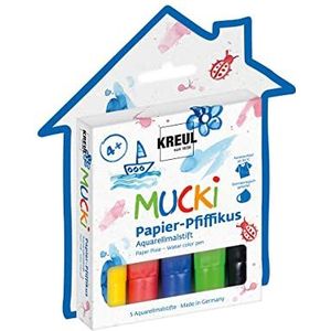 KREUL 27155 - Mucki Papier Pfiffikus, 5 aquarelkrijtjes voor kinderen in geel, rood, blauw, groen en zwart, lijndikte 2-5 mm, voor indrukwekkende aquareleffecten
