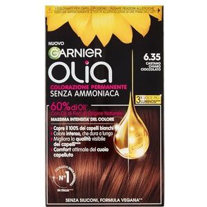Garnier Olia haarverf, permanente kleuring zonder ammoniak, delicate geur, dekt 100% van het witte haar af, bloemolie van natuurlijke oorsprong, licht chocoladebruin