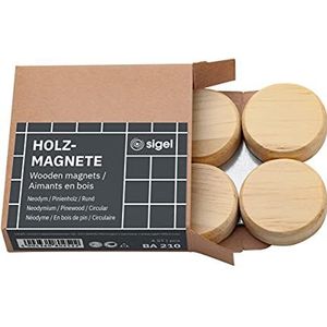 SIGEL BA210 Houten magneten - rond - SuperDym, met sterke hechtkracht - ⌀ 33 mm - 4 stuks - voor glazen magneetborden en whiteboards