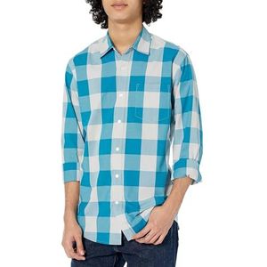 Amazon Essentials Men's Casual poplin overhemd met normale pasvorm en lange mouwen, Blauw Wit Geruit, L