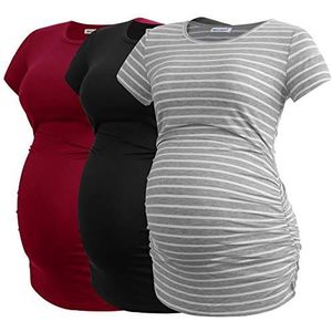 Smallshow Zwangerschapskleding Tops Kant Ruches Zwangerschap Kleding voor Vrouwen 3-Pack, Zwart/Lichtgrijze Streep/Wijn, L
