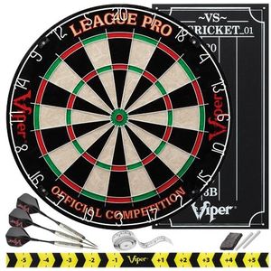 Viper League Pro Regulation Varkenshaar Steel Tip dartbord starterset met nietvrije bullseye, radiale spindraad, hoogwaardige sisal met roterende cijferring, krijt cricket scorebord, stalen tip