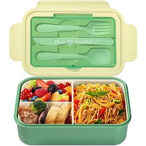 Diboniur Broodtrommel, lunchbox met vakken, bestek voor kinderen en volwassenen, 1400 ml, Bento Box, werk, magnetronbestendig, school, kantoor (groen)