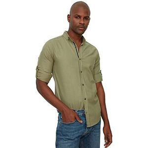 Trendyol Heren groene herenknoop-revers Apolent slim fit shirt met lange mouwen, groen, XL