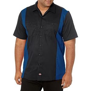 Dickies Heren tweekleurig werk slim fit korte mouw casual shirt, Zwart/Royal Blauw, XL