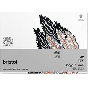 Winsor & Newton Bristol 6661547 tekenpapier in blok - 20 vellen DIN A2, 250 g/m², kopgelijmd, stralend wit papier voor tekeningen met technische pennen, fineliners, inkt, markers, airbrush
