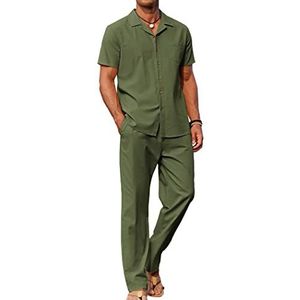 COOFANDY Mannen 2-delige linnen outfit strand button down shirt casual losse broek sets, Leger Groen, M