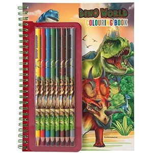 Depesche 11385 Dino World - Kleurboek inclusief kleine stiftenset van 8 kleurpotloden, een stickervel en vele T-Rex, dinosaurus- en jungle-motieven om in te kleuren en te beplakken,multi kleuren