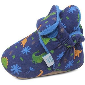 Dotty Fish Katoenen Babyschoentjes met Warme Wollen Voering. Eerste Winterschoenen. Verstelbare Pantoffels. Zachte Antislip Zool. Donkerblauw met dinosaurussen. 6-12 maanden.