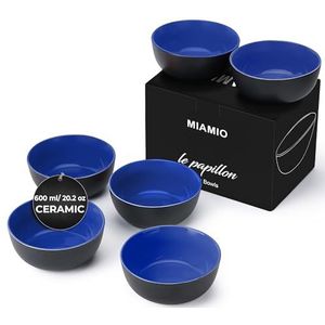 MIAMIO - 6 x 600 ml aardewerk kommen set zwarte buitenkant kleurrijke binnenkant (Blauw)