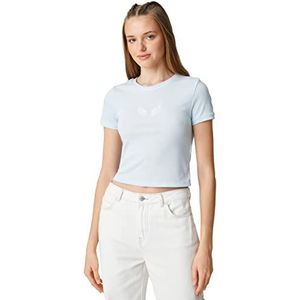 Koton Dames Crop Crew Neck Ribbed Short Sleeve T-Shirt, blauw (670), L