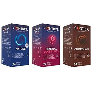 CONTROL Kit bestaande uit Control Nature condooms 24 stk., Sensual Dots & Lines 24 stuks + chocolade 24 stuks