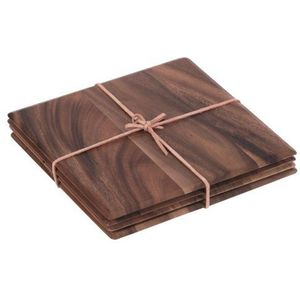 Toskana tafelmat-serie: 4 vierkante tafelmatten van acaciahout met lederen band