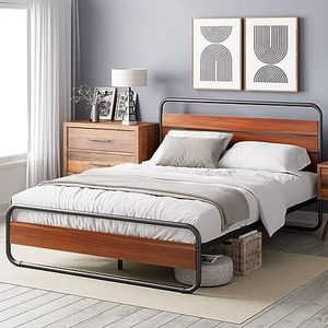 Zinus Soren Bed 90 x 190 cm - 31 cm hoog - eenpersoonsbed - bedframe van metaal en hout met hoofdeinde en voeteneinde - bruin