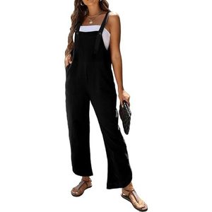 AMEBELLE Mouwloze katoenen linnen overall rompertjes voor dames, baggy jumpsuits met wijde pijpen, Zwart, M