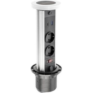 GTV Camino Inbouwtafelstopcontact, 80 mm, 2 x Schuko, USB-A+C, inductielading 10 W, kabel van 1,5 m, wit, ideaal voor kantoor, vergaderruimtes en thuiskantoor