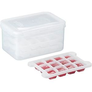 Relaxdays ijsblokjesvorm met bakje en deksel, 4 vormen, BPA-vrij, voor tot 48 blokjes, kunststof, transparant