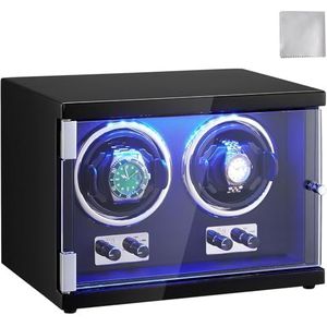 VEVOR Automatische horlogeopwinder voor 2 automatische horloges met 2 fluisterstille Japanse Mabuchi-motoren 5 modi lift op paneel met hoge dichtheid en blauwe acryl led